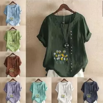 Женская новая модная льняная рубашка с круглым вырезом и коротким рукавом, с цветочным принтом, летняя женская повседневная блузка, топы S розовый