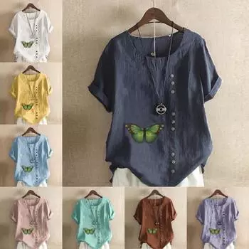 Женская новая модная льняная рубашка с круглым вырезом и коротким рукавом с принтом бабочек, летняя женская повседневная блузка, топы S розовый