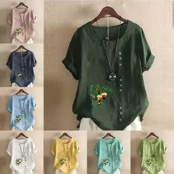 Женская новая модная льняная рубашка с круглым вырезом и коротким рукавом с принтом лесного ореха, летняя женская повседневная блузка больших размеров, топы S розовый