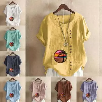 Women s New Fashion Linen Shirt Round Neck Short Sleeve Sandy Beach Printed T-shirt Summer Ladies Casual Plus Size Blouse Tops S розовый