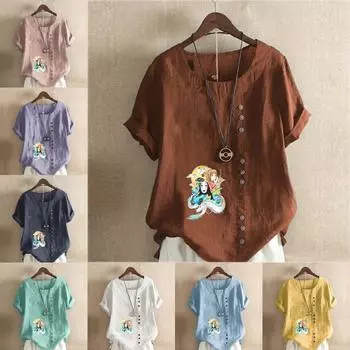 Women s New Fashion Linen Shirt Round Neck Short Sleeve Cartoon Characters Pattern Printed T-shirt Summer Ladies Casual Plus Size Blouse Tops S розовый