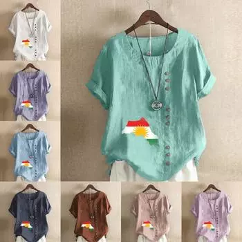 Women s New Fashion Linen Shirt Round Neck Short Sleeve Map Printed T-shirt Summer Ladies Casual Plus Size Blouse Tops S розовый