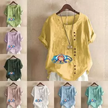 Women s New Fashion Linen Shirt Round Neck Short Sleeve Cute Bo Niu Printed T-shirt Summer Ladies Casual Blouse Tops S розовый