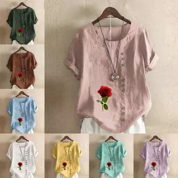 Women s New Fashion Linen Shirt Round Neck Short Sleeve Rose Printed T-shirt Summer Ladies Casual Plus Size Blouse Tops S розовый