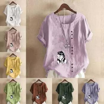 Women s New Fashion Linen Shirt Round Neck Short Sleeve Masked Girl Printed T-shirt Summer Ladies Casual Plus Size Blouse Tops S розовый