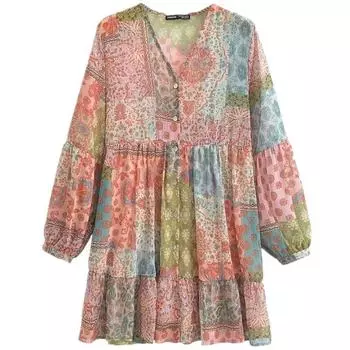 Women s New Fashion Trendy Print Long Sleeves Dress Picture color XS