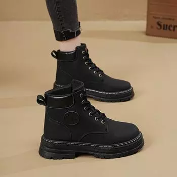 Women s new leather boots spring and autumn Martin boots flat British style light wear-resistant black solid color women s shoes boots 35