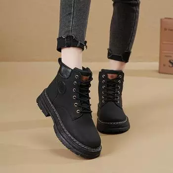 Women s new leather boots spring and autumn Martin boots flat British style light wear-resistant black solid color women s shoes boots 35