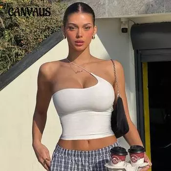 Женский новый одноплечевой дизайн, индивидуальный однотонный цветной топ с бретелькой через шею, пикантный сексуальный топ с бретелькой через шею, утягивающий жилет S белый