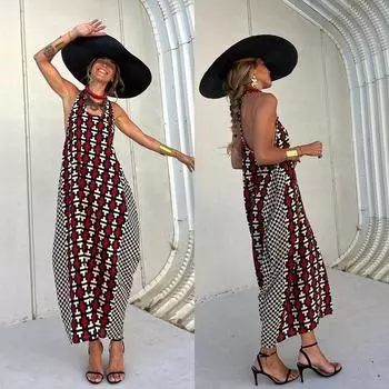 Женское новое платье-жилет с принтом на спине - открытая спинка Фонарь длинная юбка свободная для женщин на отдыхе S красный