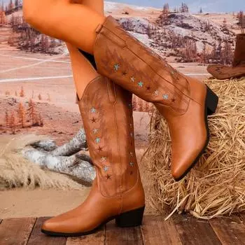 Women s New Winter Thick Heel Cotton Boots Pointed Embroidery Sleeve Anti-slip Wear-resistant High Boots 36 бежевый