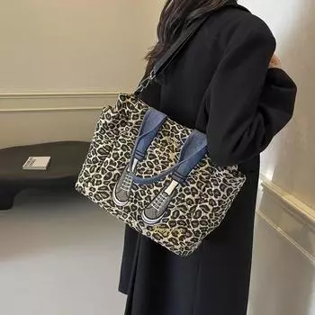 Женская нейлоновая сумка через плечо с принтом в виде ромбов и леопарда, большая вместимость, повседневная, однотонная
