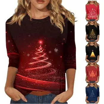Women s O-Neck 3/4 Sleeve Christmas Print Top S
