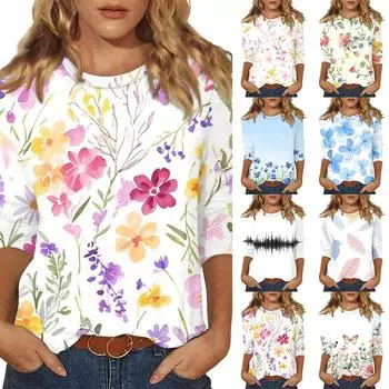 Women s O-neck 3/4 Sleeve Print Top XL