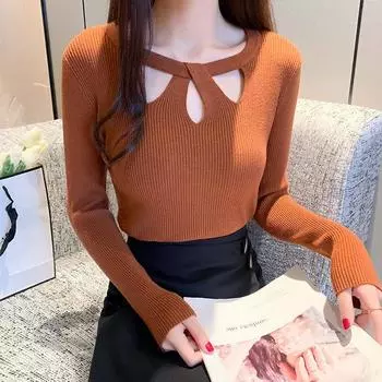 Женский эластичный сексуальный пуловер с круглым вырезом, однотонный свитер на осень-зиму, облегающий джемпер-рубашка One Size синий