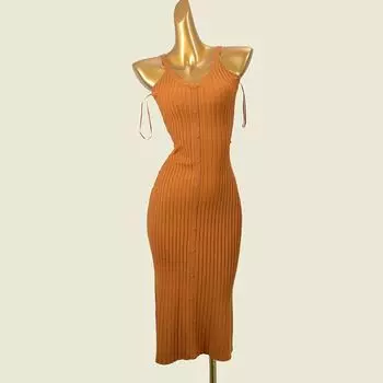 Women s off-Shoulder Knitted Dress Thread Fitted Orange XS
