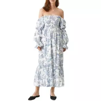Women s Off Shoulder Maxi Dress Long Puff Sleeve Square Neck Boho Flowy Dress Floral Print S синий