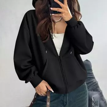 Women s Off Shoulder Zipper Hoodie Sweatshirt Fashion Clothing Casual Jacket L чёрный