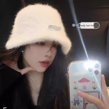 Women s Off-White Plush Bucket Hat: Face-Showing Bunny Fur, Warm & Trendy for Autumn/Winter
