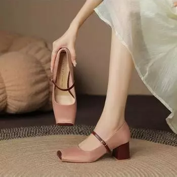 Women s one line buckle color matching thick heels and shallow cut Mary Jane shoes 34 розовый