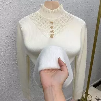 Women s One-piece Fleece Half-high Neck Sweater with Lining and Thickening Inner Top for Autumn and Winter Knitted Wear Fashionable S