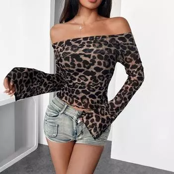 Женская футболка на одно плечо с длинным рукавом и леопардовым принтом S темно-коричневого
