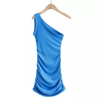 Women s One-Shoulder Slim Fit Pleated Dress – 6 Colors Small