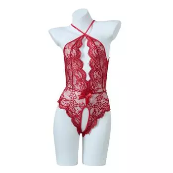 Women s Open Crotch See-Through Lace Bodysuit with Pearl Detail One Size