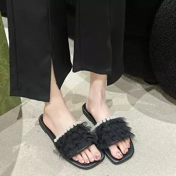 Women s open-toe breathable mesh upper pearl inlaid slippers comfortable and non-rubbing ladies outdoor large size women s shoes 35