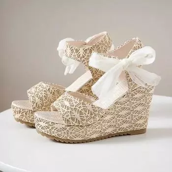 Женские босоножки на танкетке с открытым носком, каблуки с ремешками, Мода, вечеринки и свадьбы, дешево, лето 2024 36