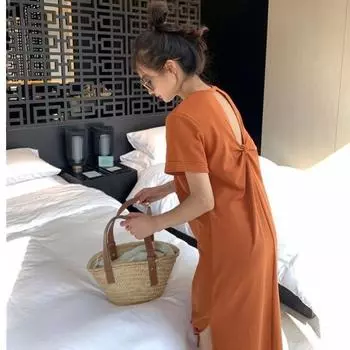 Women s Over The Knee Long T-shirt Dress Summer Short Sleeves Loose Casual Lazy Design Sense Careful Machine Backless Dress M белый