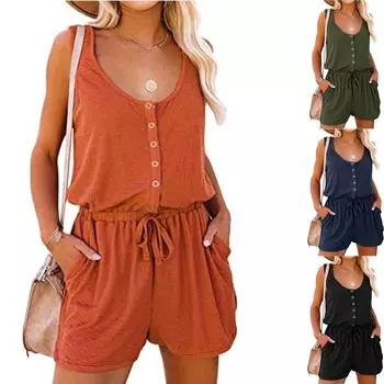 Women S Overalls With Elegant Spring And Summer Temperament, Solid Color Sleeveless Camisole Vest, Short Jumpsuit Pants S чёрный