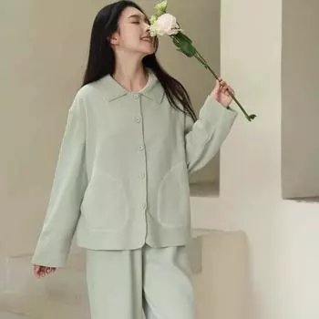 Women s Pajamas Autumn and Winter New Fleece Suit Solid Color Small Lapel Loose Warm Long Sleeve Trousers Home Clothes for Women One Size