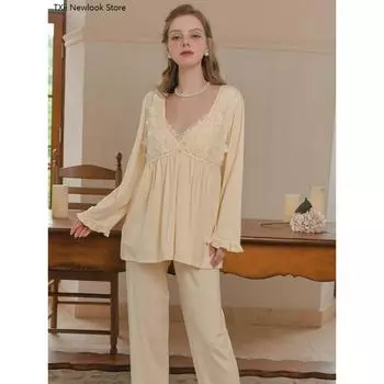 Women s Pajamas Autumn and Winter with Breast Pad Audrey Knitted Cotton Home Wear Three-piece Set M розовый