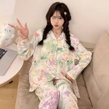 Женская пижама осень-весна с длинным рукавом, мягкий комплект для сна с цветочным рисунком, женская домашняя ночная одежда, кардиган M