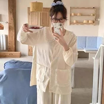 Женская пижама осень-весна с длинным рукавом, мягкий комплект для сна с цветочной вышивкой, мультяшная пижама, женский домашний комплект для сна, кардиган M