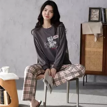 Women s Pajamas Cartoon Bear Long Sleeve Student Loungewear Plaid Trousers Cute Girl Sleepwear Homewear 2PCS/Set 5XL синий