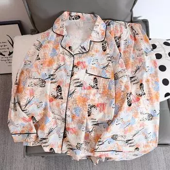 Женский пижамный комплект с красочными пуговицами, новый корейский милый принт, пижамный комплект для женщин, мягкая забавная ночная одежда, домашняя одежда, осенняя одежда для сна M