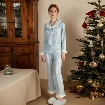 Women s Pajamas Sets Velvet Sleepwear Winter Sleep Pajamas Long Sleeve Sleeping Pajamas Blue Homewear Women Cardigan and Pants S синий