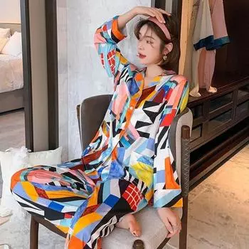 Женская пижама из шелка, новые брюки с длинными рукавами, разноцветный клетчатый принт, домашняя одежда из двух частей, домашняя пижама для женщин M