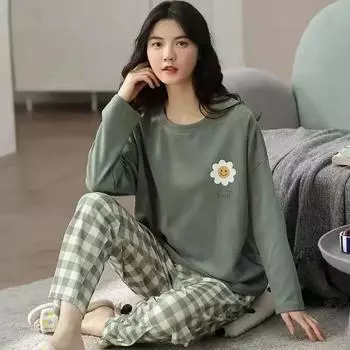 Women s Pajamas Spring and Autumn Long-sleeved Autumn and Winter Home Clothes Simple Loose Suit Outerwear 2XL