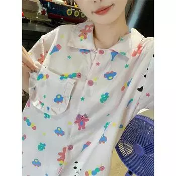 Женская пижама, летняя, с коротким рукавом, комплект одежды для сна с рисунком милого медведя, пижама для женщин с оборками, домашний комплект одежды для сна, кардиган M