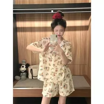 Женская пижама, летняя, с коротким рукавом, комплект одежды для сна с рисунком милого медведя, пижама для женщин с оборками, домашний комплект одежды для сна, кардиган M