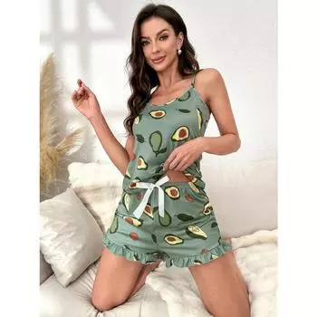 Women s Pajamas Two-piece Set of Sleeveless Tops and Shorts Butterfly Pattern Home Wear Casual S зелёный