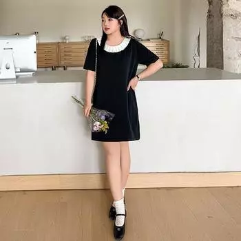 Women s Patchwork Round-neck Lace Dress Slimming T-shirt Dress, Summer Style Knitted Dress XL чёрный