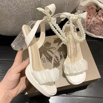 Women s Pearl Sandals Fairy Style High Heel Waterproof Platform Single Strap Transparent Thick Heel Slippers Summer Outdoor Wear 35