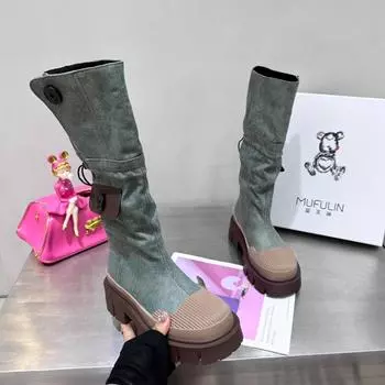 Women s Pile Boots Thick-soled Skinny Tall Knight Boots Autumn 34 джинсовый синий