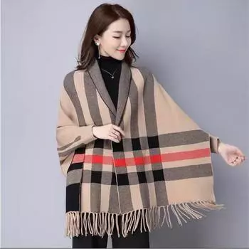 Women s Plaid Bat Sleeve Tassel Knitted Shawl Cape - Autumn/Winter Large Size Cardigan One Size