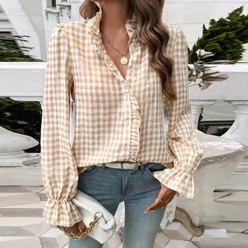 Women s Plaid V-neck Shirt Ruffled Shirt Long Sleeve Top L