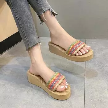 Women s Platform Slippers 2025 New Summer Fashion All-match Beach Wedge Sandals Woven Straw Insole Retro Women s Shoes 36